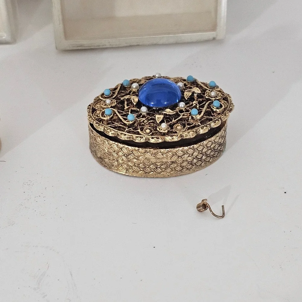 Vintage Gold Tone Filigree Pill Box Set Turquoise Blue Cabochon Faux Pearl 2pc